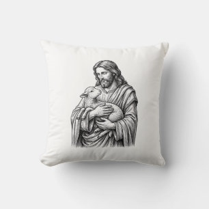 Cojín Decorativo Grabado Antiguo Pastor que Sostiene Cordero Vector