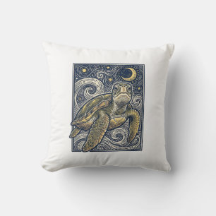 Cojín Decorativo Grabado Antiguo Tortuga Marina Noche Estrellada