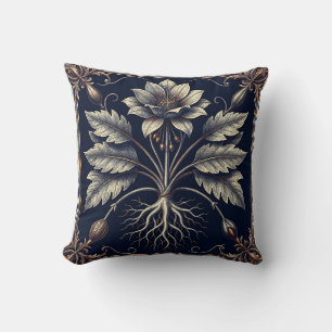 Cojín Decorativo Grabado en oro de raíz de amapola botánica vintage