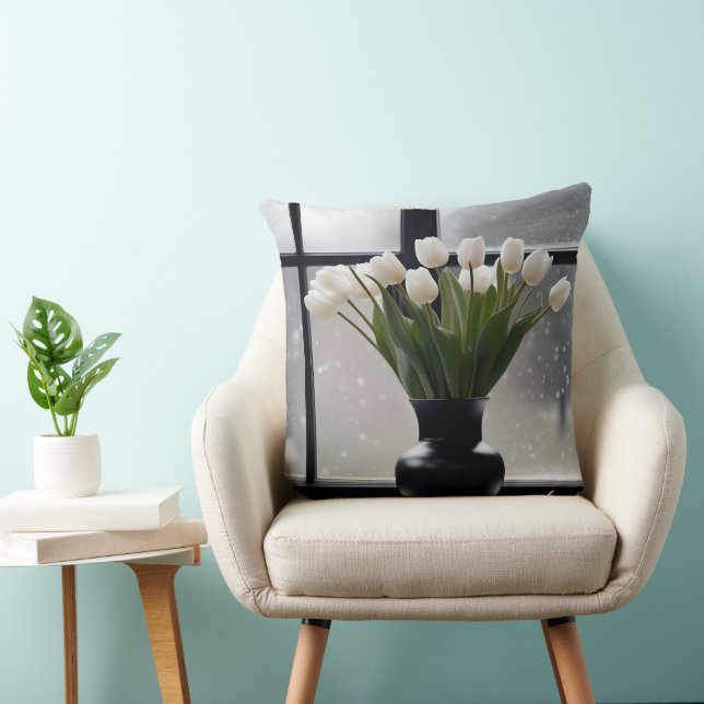 Cojín Decorativo "Gracia del invierno: Tulipanes blancos en una bol (Silla)