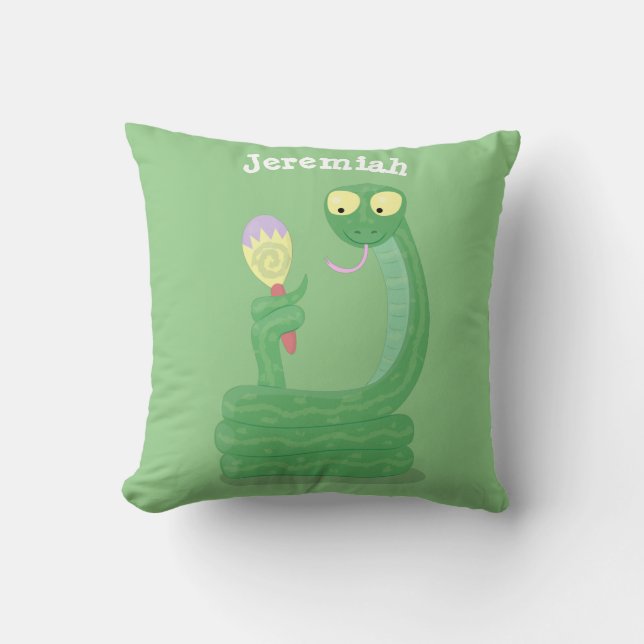Cojín Decorativo Graciosa serpiente verde con maraca personalizado (Anverso)