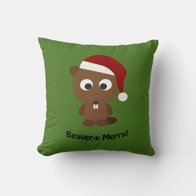 Cojín Decorativo ¡Gracioso Beaver-y Merry! Santa Beaver (Anverso)