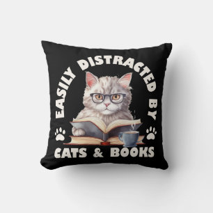 Cojín Decorativo Gracioso Distraído Fácilmente Por Gatos Y Libros