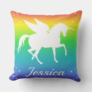 Cojín Decorativo Gradiente de arcoíris y silueta de unicornio con e