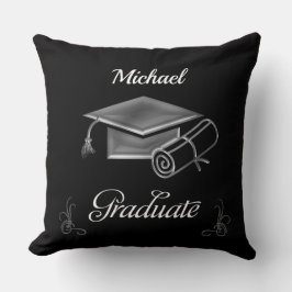 Cojín Decorativo Graduación de negro y plata, gorra y diploma