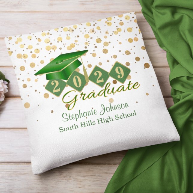Cojín Decorativo Graduación personalizada Confetti Green & Gold (Personalized Graduation Confetti Green & Gold Throw Pillow)