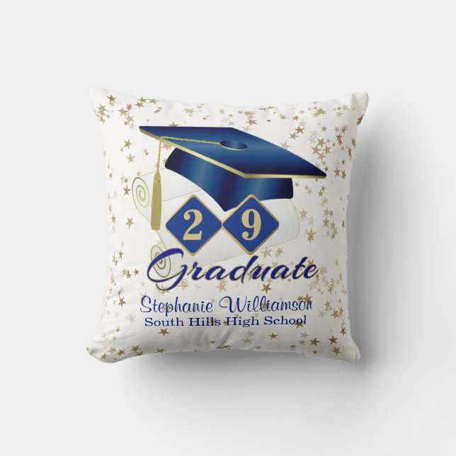 Cojín Decorativo Graduación personalizada Estrellas azules y de oro (Anverso)