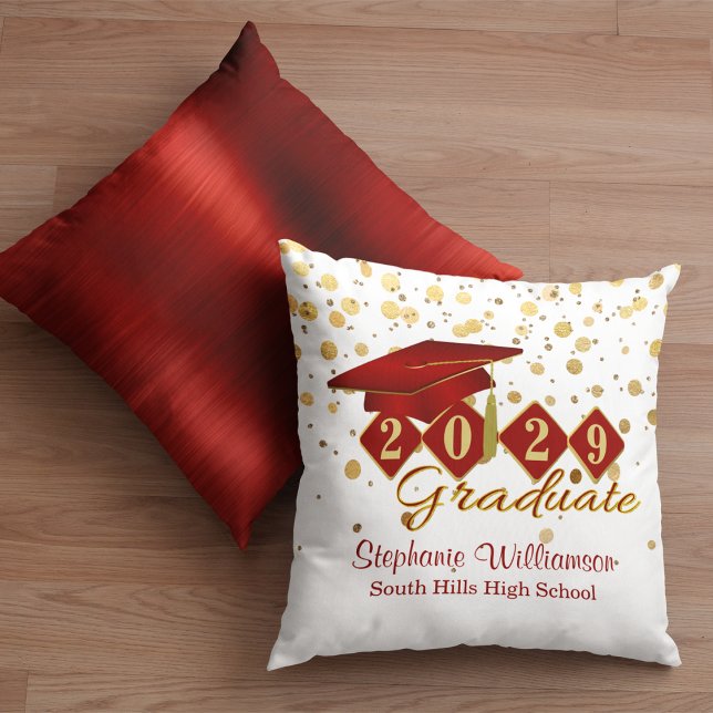Cojín Decorativo Graduación personalizada Red & Gold Confetti (Personalized Graduation Red & Gold Confetti Throw Pillow Front and Back)