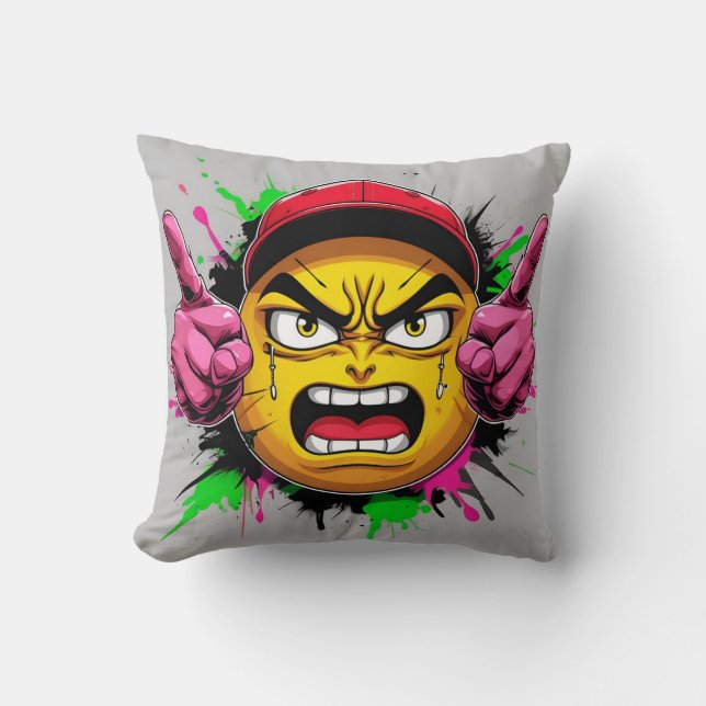 Cojín Decorativo "Graffiti Emoji Rage – Angry Face with Cap and Mid (Anverso)