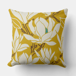Cojín Decorativo gráfico de magnolia en patrón de mostaza