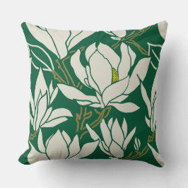Cojín Decorativo gráfico de magnolia en patrón esmeralda