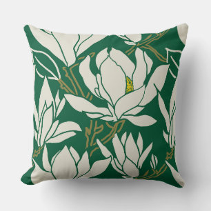 Cojín Decorativo gráfico de magnolia en patrón esmeralda
