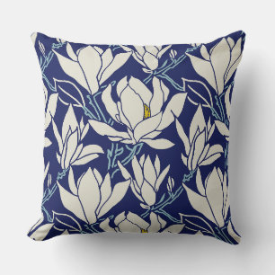 Cojín Decorativo gráfico de magnolia en patrón índigo