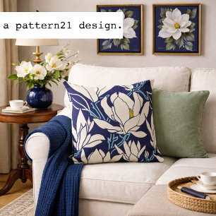Cojín Decorativo gráfico de magnolia en patrón índigo