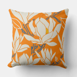 Cojín Decorativo gráfico de magnolia en patrón naranja
