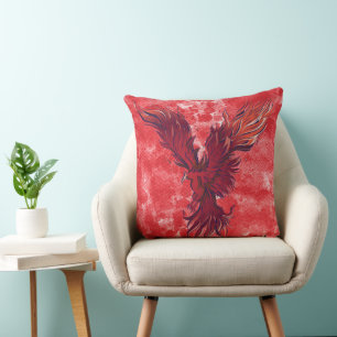 Cojín Decorativo Gráfico de Pájaro Fénix Rojo Volador