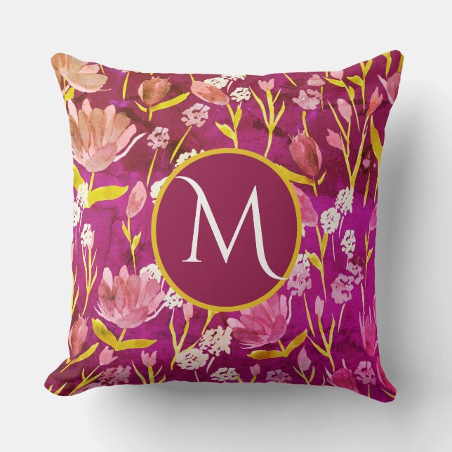 Cojín Decorativo Gran Monograma Romántico Inicial Floral Borgoña (Anverso)