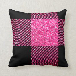 Cojín Decorativo Grande Plaid Búfalo Negro y Brillo Rosa Caliente F