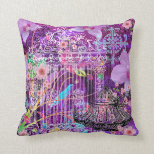 Cojín decorativo grande, violeta, jaula de pájar