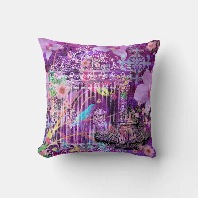 Cojín decorativo grande, violeta, jaula de pájaros (Anverso)