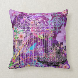 Cojín decorativo grande, violeta, jaula de pájaros