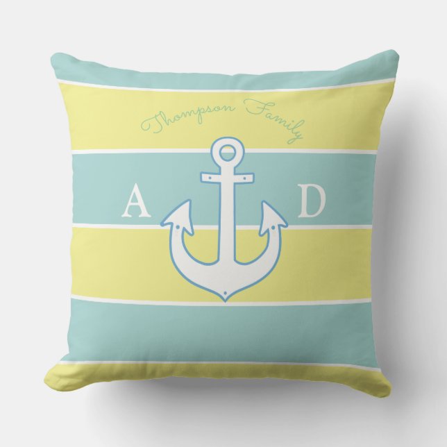 Cojín Decorativo grandes franjas azules y amarillas náuticas y mono (Anverso)