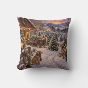 Cojín Decorativo Granja de árboles de Navidad al atardecer invernal