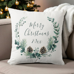 Cojín Decorativo Granja de guirnaldas rusas verdes Feliz Navidad