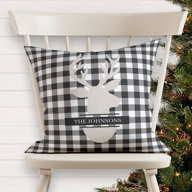 Cojín Decorativo Granja monogramada Black Plaid Beige Deer (Subido por el creador)