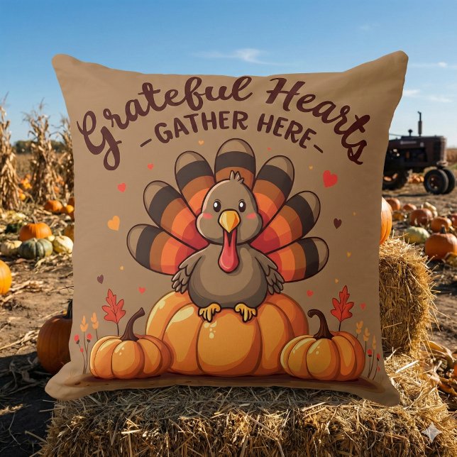 Cojín Decorativo Grateful Hearts Thanksgiving Turkey (Grateful Hearts Thanksgiving Turkey Throw Pillow Mockup D)
