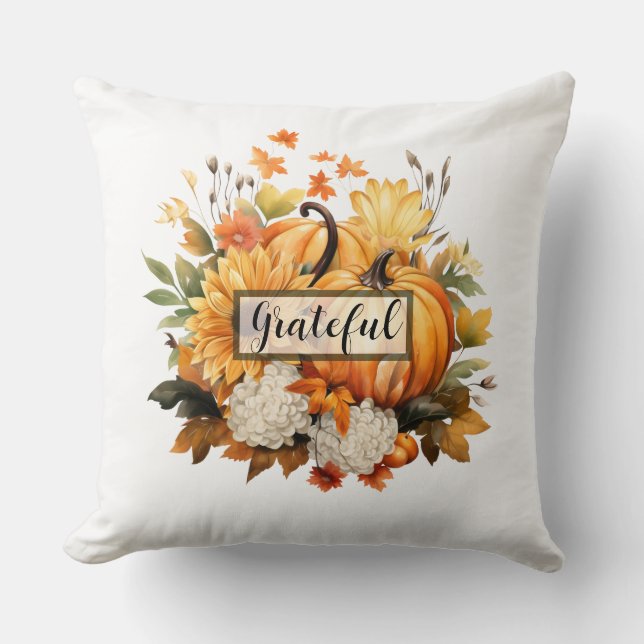 Cojín Decorativo Grateful Pumpkin Floral Fall Thanksgiving (Anverso)