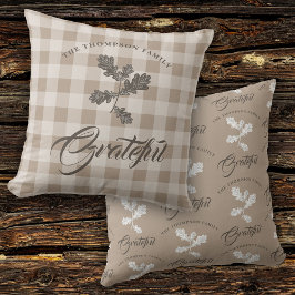 Cojín Decorativo Gratitud De Otoño Nombre Familia Taupe Plaid