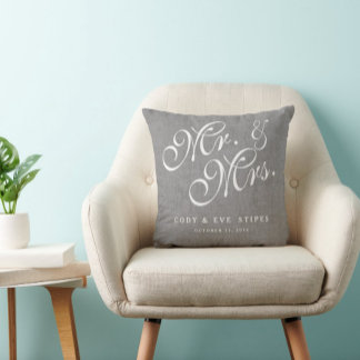 Cojín Decorativo Gray Linen Iniciales Sr. y Sra. Boda Pillow