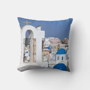 Cojín Decorativo Grecia, Santorini. Campanario y cúpulas azules de