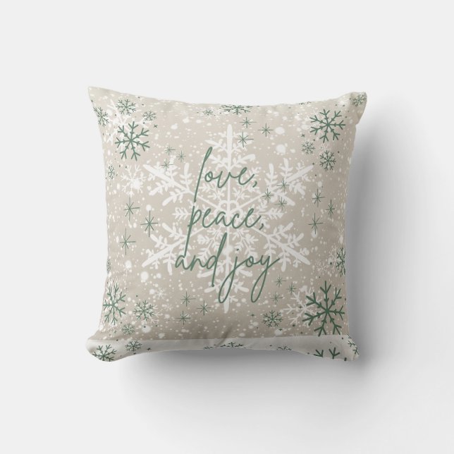 Cojín Decorativo Green Beige Snowflakes Love Peace Joy Holiday (Anverso)