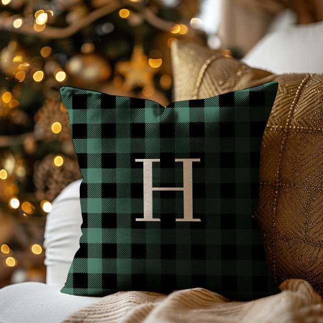 Cojín Decorativo GREEN Black Buffalo Plaid Monogram Holiday (Subido por el creador)