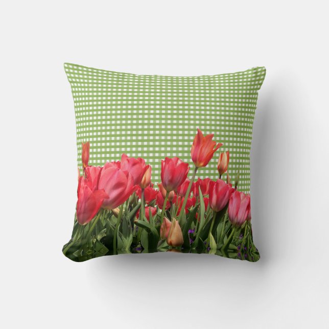 Cojín Decorativo Green Gingham & Red Tulips Pillow (Anverso)