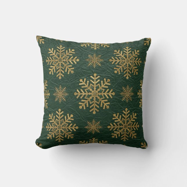 Cojín Decorativo Green Leather Tooled with Gold Snowflakes (Anverso)