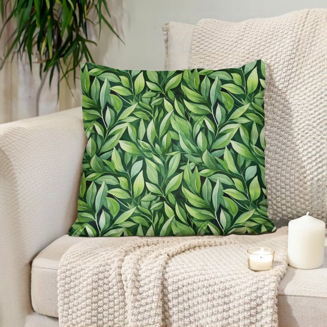 Cojín Decorativo Green Leaves Black Elegant Unique Modern (Green leaves on black decorator pillow)
