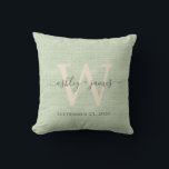 Cojín Decorativo Green Linen Ivory Monogram Boda Keepsake<br><div class="desc">Elegante almohada de efecto de lino trenzado verde con el texto en moda gris oscuro caligrafía de escritura manuscrita. Simplemente agregue sus nombres, monograma y fecha de boda. Un gran regalo para una pareja recién casada. Diseñado exclusivamente para usted por Happy Dolphin Studio. Si necesita ayuda o productos coincidentes, por...</div>