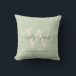 Cojín Decorativo Green Linen Ivory Monogram Boda Keepsake<br><div class="desc">Elegante almohada de efecto de lino trenzado verde con el texto en moda gris oscuro caligrafía de escritura manuscrita. Simplemente agregue sus nombres, monograma y fecha de boda. Un gran regalo para una pareja recién casada. Diseñado exclusivamente para usted por Happy Dolphin Studio. Si necesita ayuda o productos coincidentes, por...</div>