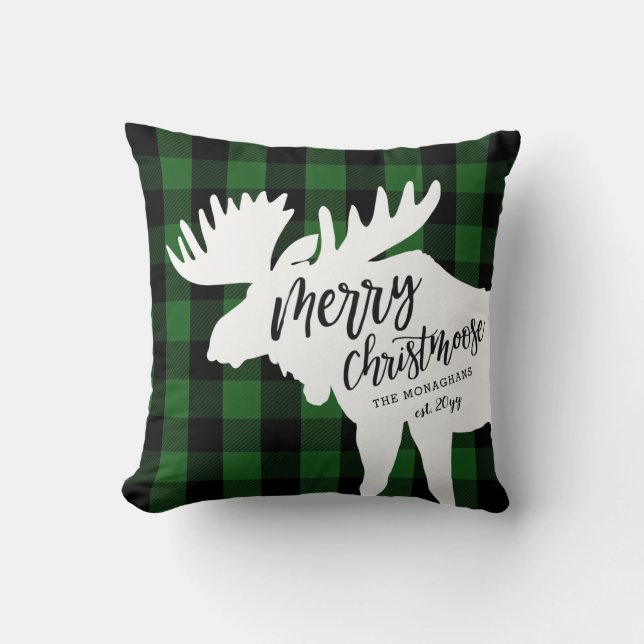 Cojín Decorativo Green Plaid Merry Christmoose Personalizado (Anverso)