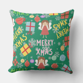 Cojín Decorativo Greenery Merry Xmas texto patrón amarillo giratori