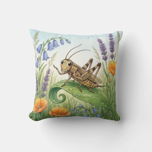 Cojín Decorativo Grillo Adorable en una Hoja Insectos Pequeños  (Anverso)