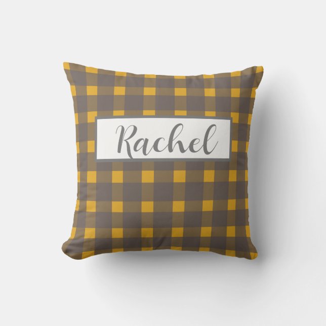 Cojín Decorativo Gris amarillo Gingham personalizado (Anverso)