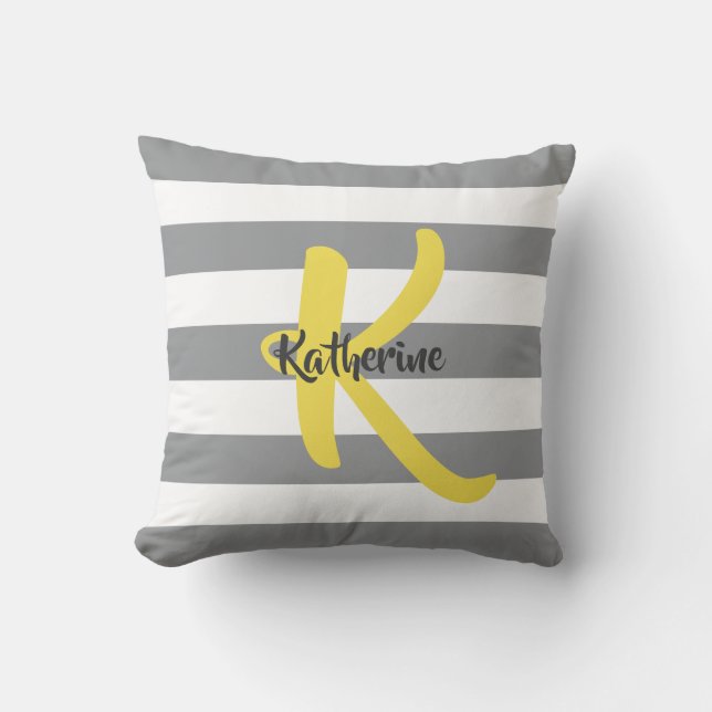 Cojín Decorativo Gris blanco rayado y amarillo personalizado (Anverso)