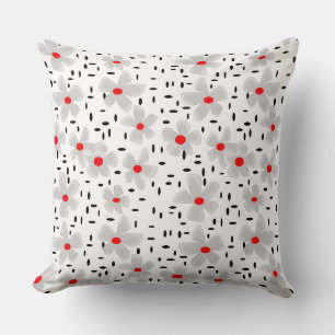 Cojín Decorativo gris con flores rojas sobre fondo blanco retro