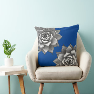 Cojín Decorativo Gris de color de agua suculenta sobre azul