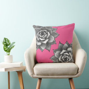 Cojín Decorativo Gris de color de agua suculenta sobre rosa calient