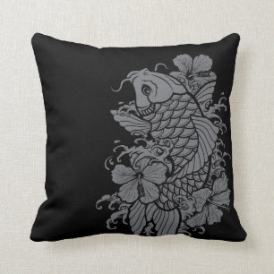 Cojín Decorativo Gris de los pescados de Koi en negro